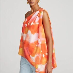 $345 NWT Halston “Steffi” One-Shoulder Top in Sunset Watercolor Print Sz 4